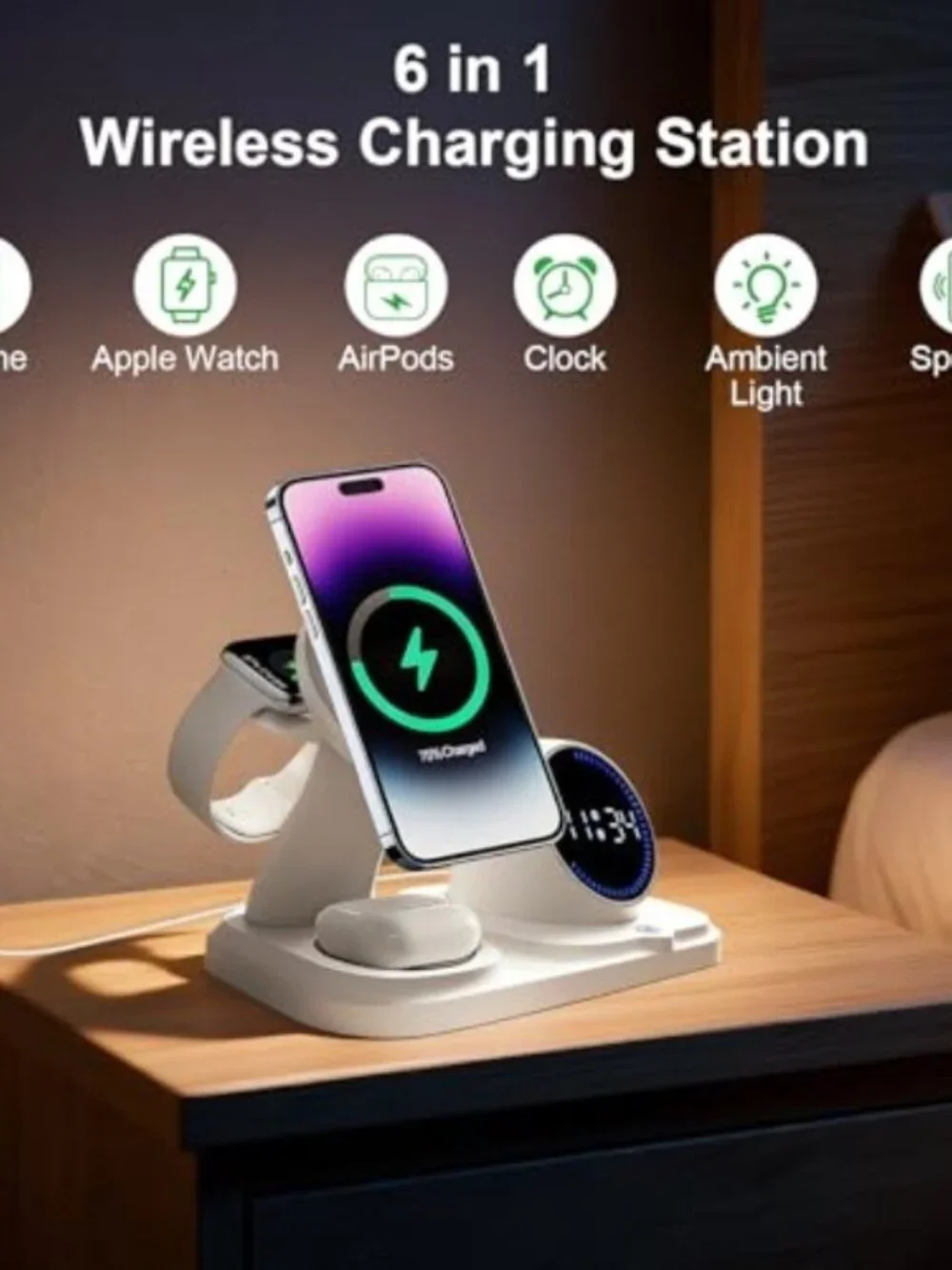 6 in 1 Wireless Charging Station with Bluetooth Speaker Fuction, Charging Stand
